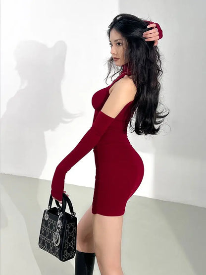 Oversleeve Pleated Bodycon High Neck Dress - Just Endless