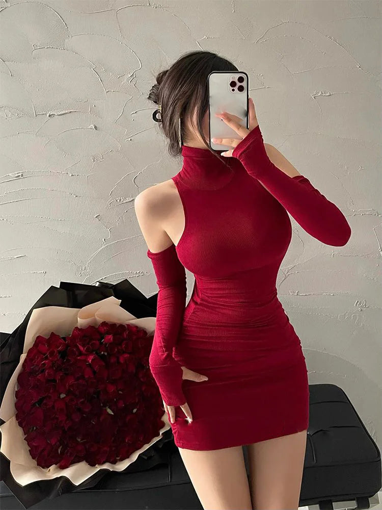 Oversleeve Pleated Bodycon High Neck Dress - Just Endless