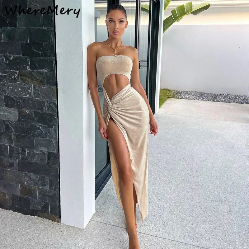 Slit Hollow Out Skinny Elegant Long Dress - Just Endless