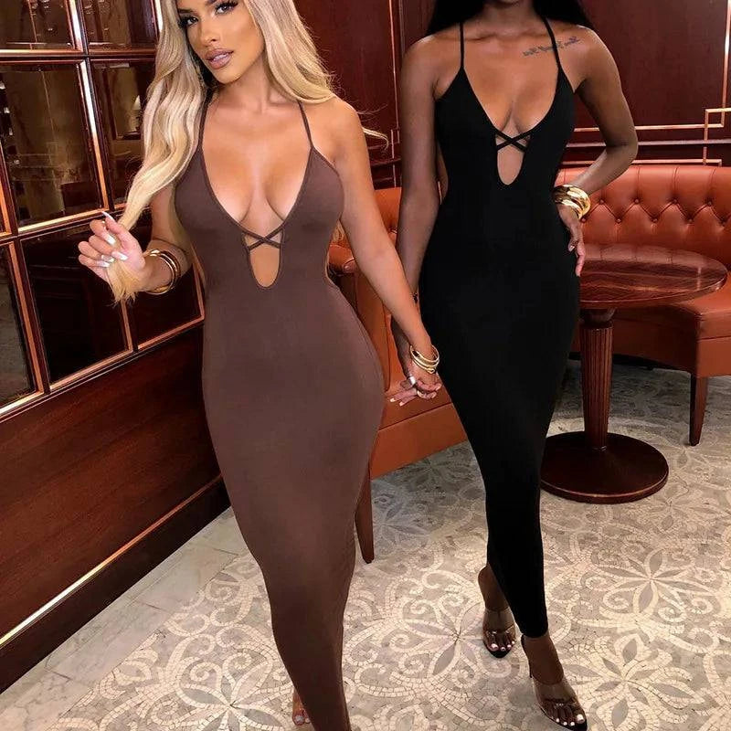 Sexy Deep V Cross Bandage Maxi Dress - Just Endless