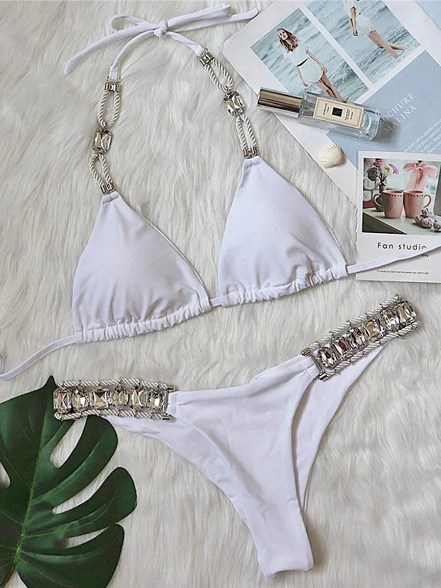 Halter Shiny Crystal Diamond Bikini  Swimsuit - Just Endless