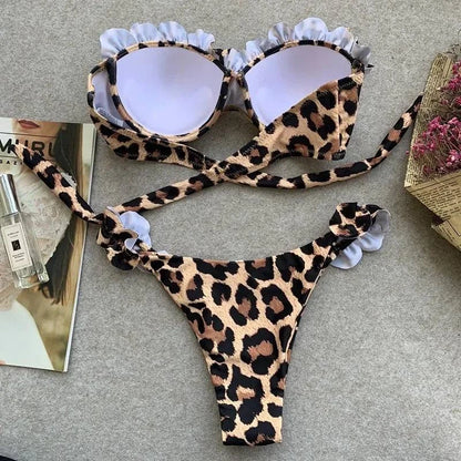 Sexy Ruffles Strapless Leopard Print Bikini - Just Endless