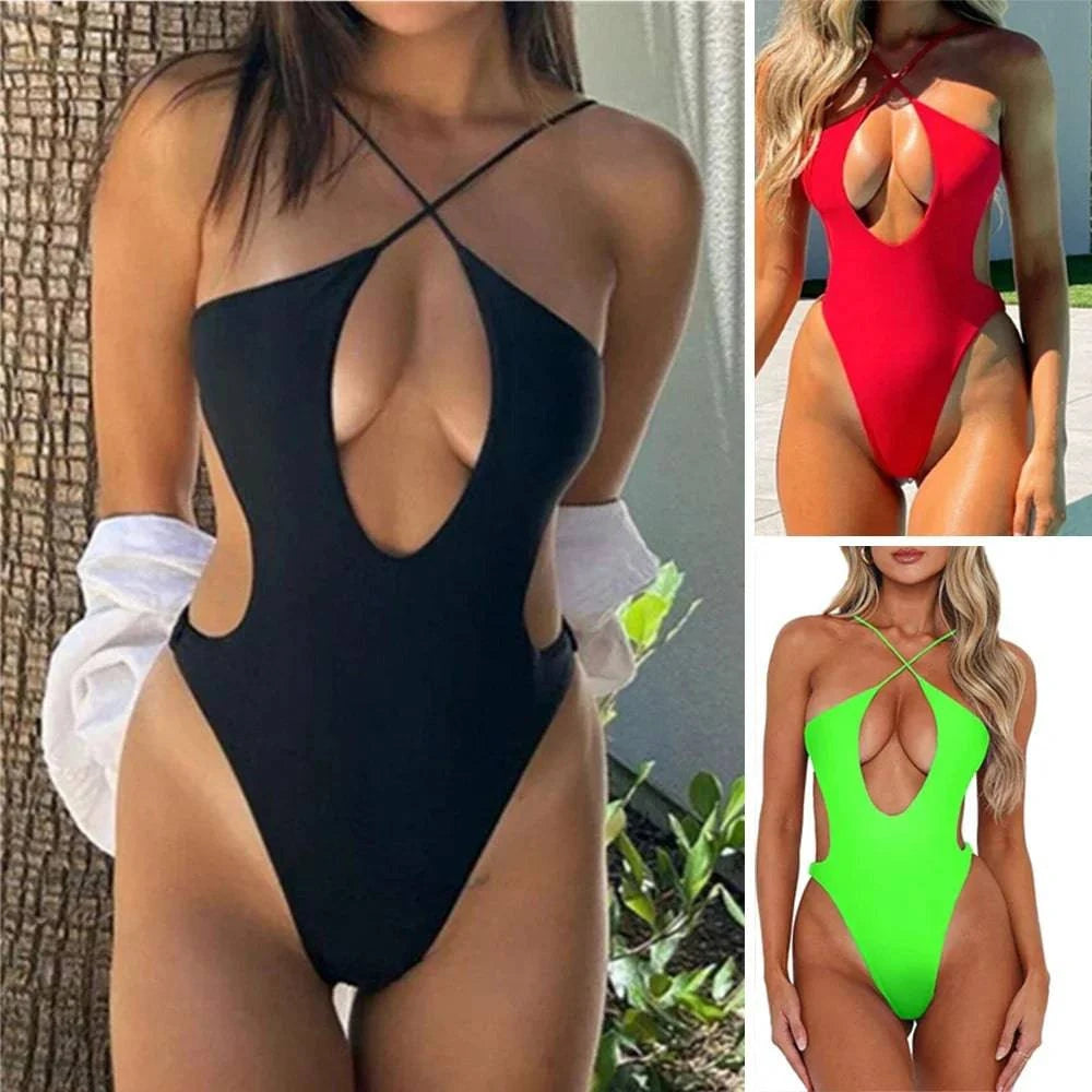 New Sexy One Piece Cross Halter Push Up Swimsuit - Just Endless