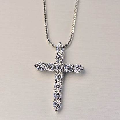 925 Sterling Silver Necklace Box Chain And Shiny Crystal Cross