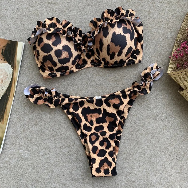 Sexy Ruffles Strapless Leopard Print Bikini - Just Endless