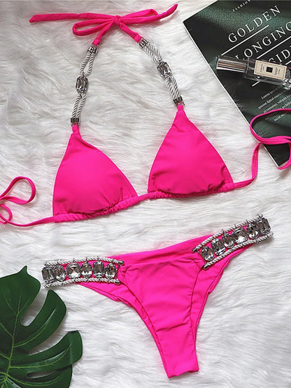 Halter Shiny Crystal Diamond Bikini  Swimsuit - Just Endless